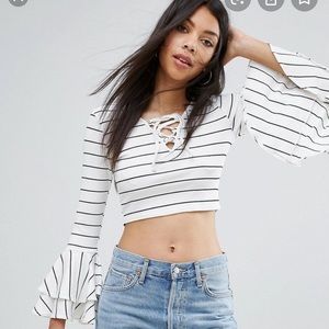 Boohoo Ruffle Sleeve Striped Crop Top
